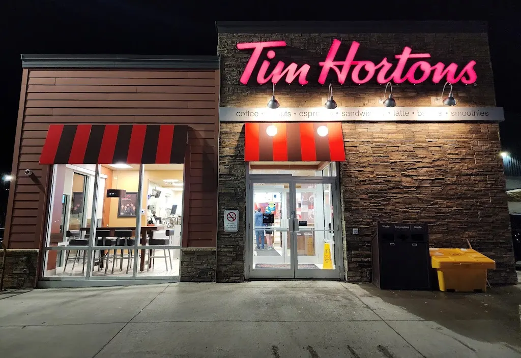 Tim Hortons storefront and interior at 885 Notre Dame Street, Sudbury, ON