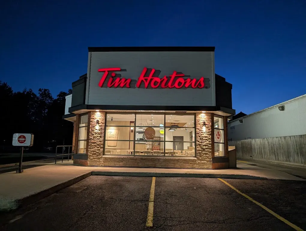 Tim Hortons storefront and interior at 21 Woodstock St, Tavistock, ON
