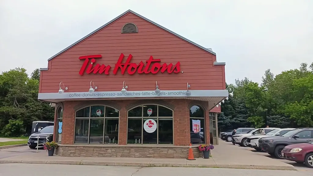 Tim Hortons storefront and interior at 48 Arthur W, Thornbury, ON