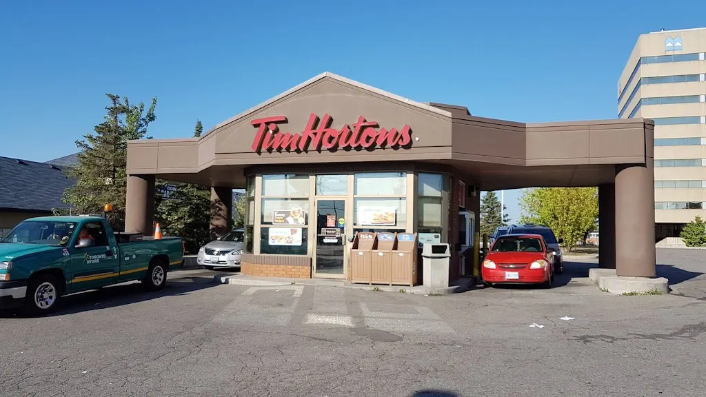 Tim Hortons storefront and interior at 57 Rexdale Blvd, Toronto, On, ON