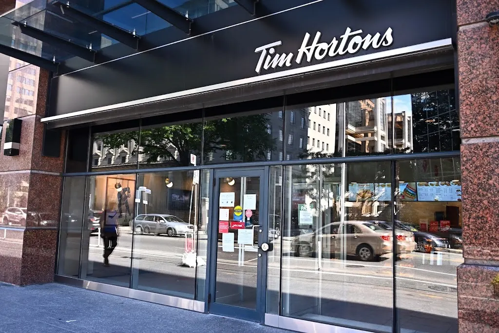 Tim Hortons storefront and interior at 175 Bloor St E, Toronto, ON
