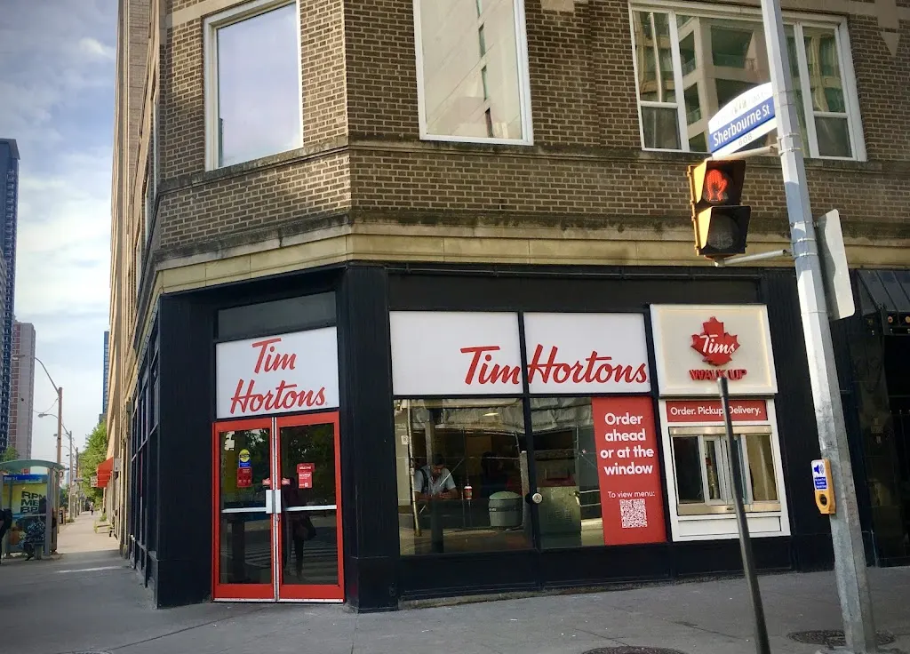 Tim Hortons storefront and interior at 419 Bloor St East, Toronto, ON