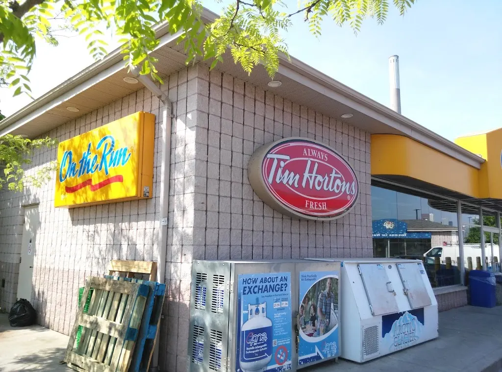 Tim Hortons storefront and interior at 829 Lakeshore Blvd East, Toronto, ON