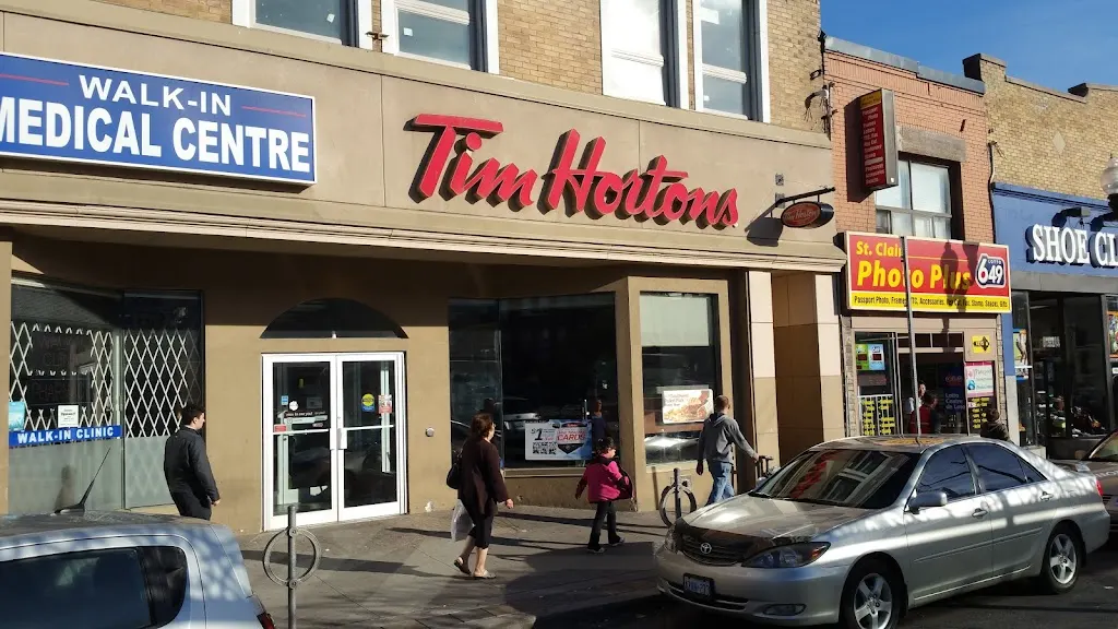 Tim Hortons storefront and interior at 1176 St Clair Ave West, Toronto, ON