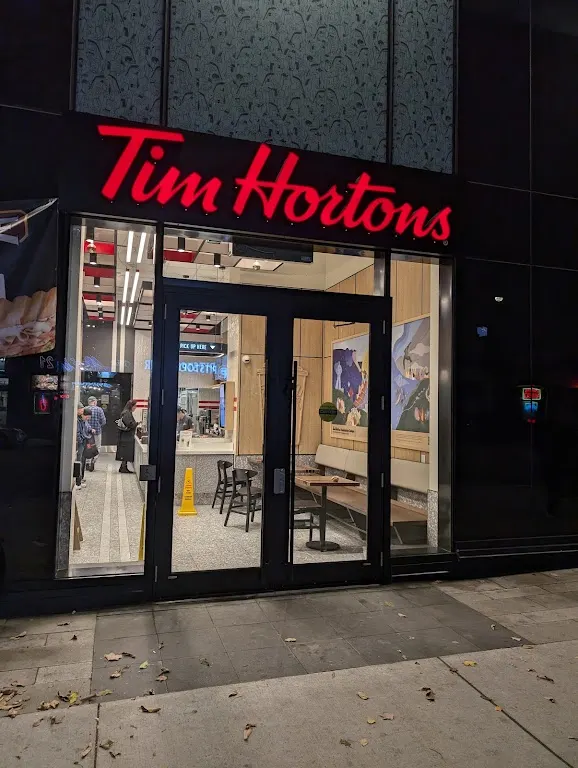 Tim Hortons storefront and interior at 1221 King Street West, Toronto, ON