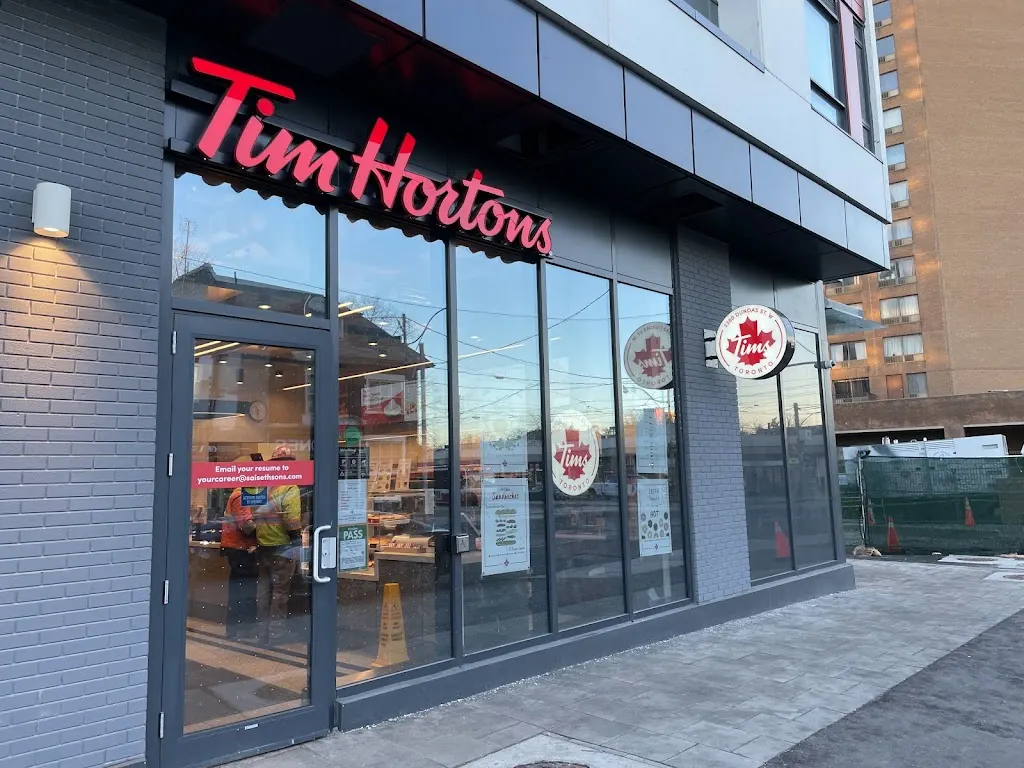 Tim Hortons storefront and interior at 2388 Dundas St W, Toronto, ON