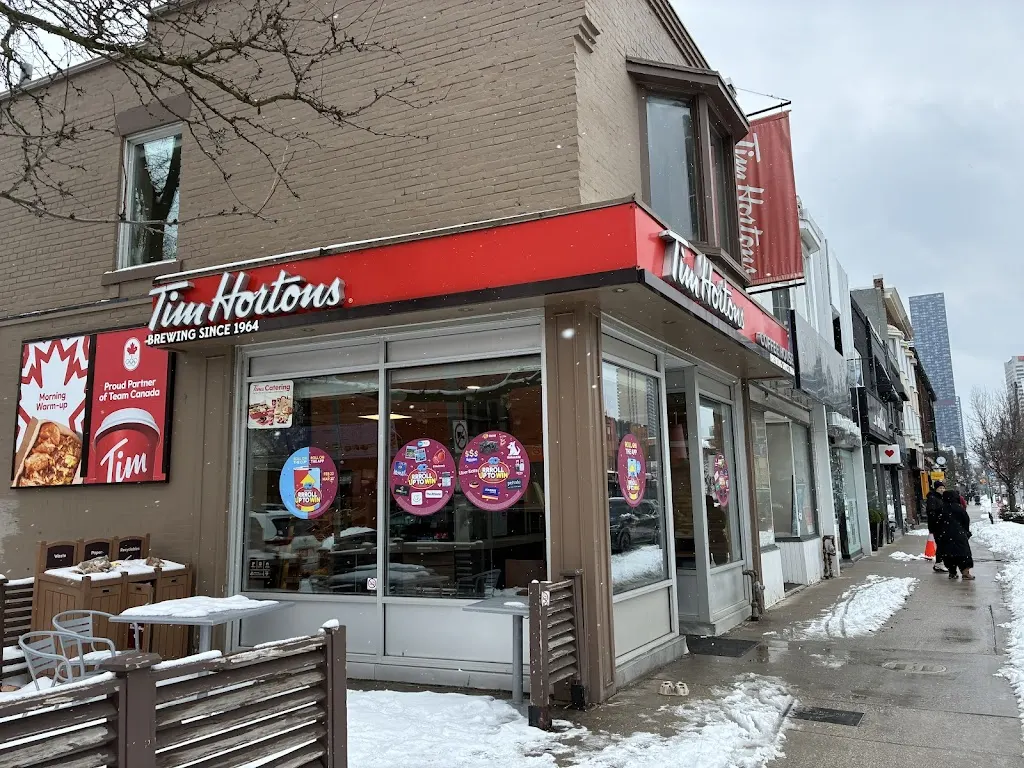 Tim Hortons storefront and interior at 2619 Yonge St, Toronto, ON