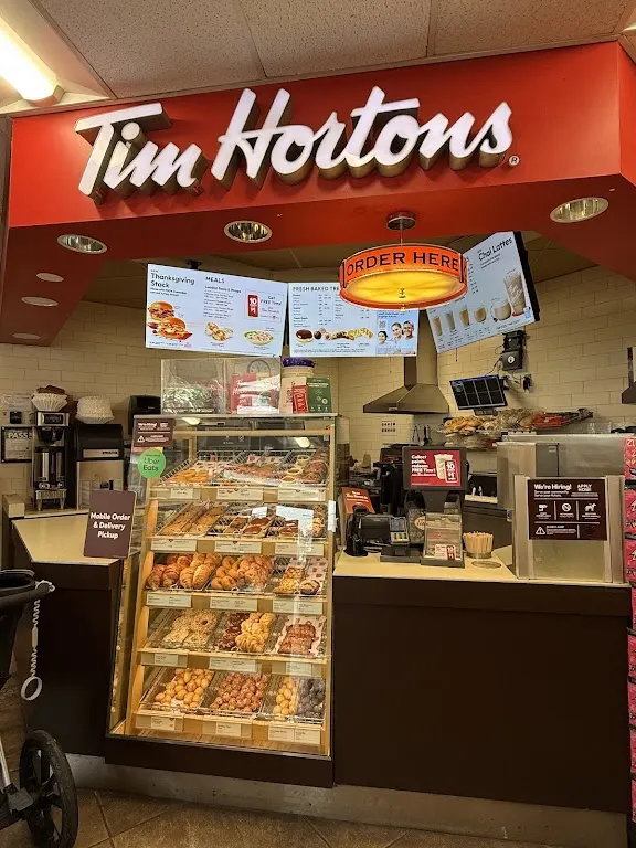 Tim Hortons storefront and interior at 3321 Dufferin St, Toronto, ON