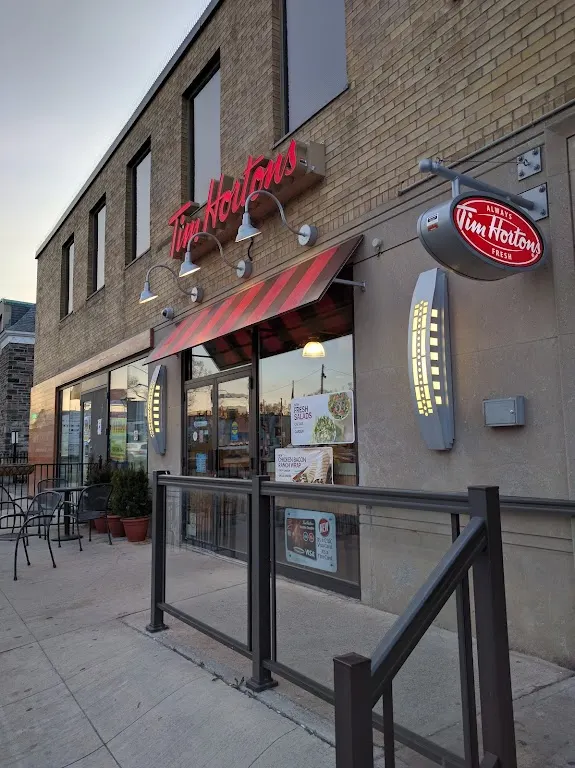 Tim Hortons storefront and interior at 3487 Dundas St West, Toronto, ON