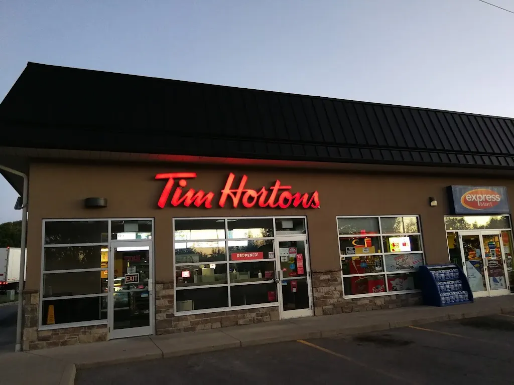 Tim Hortons storefront and interior at 75 Division St, Trenton, ON