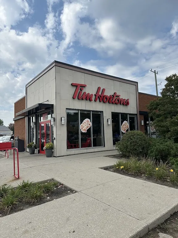 Tim Hortons storefront and interior at 145 Hamilton St N, Waterdown, ON