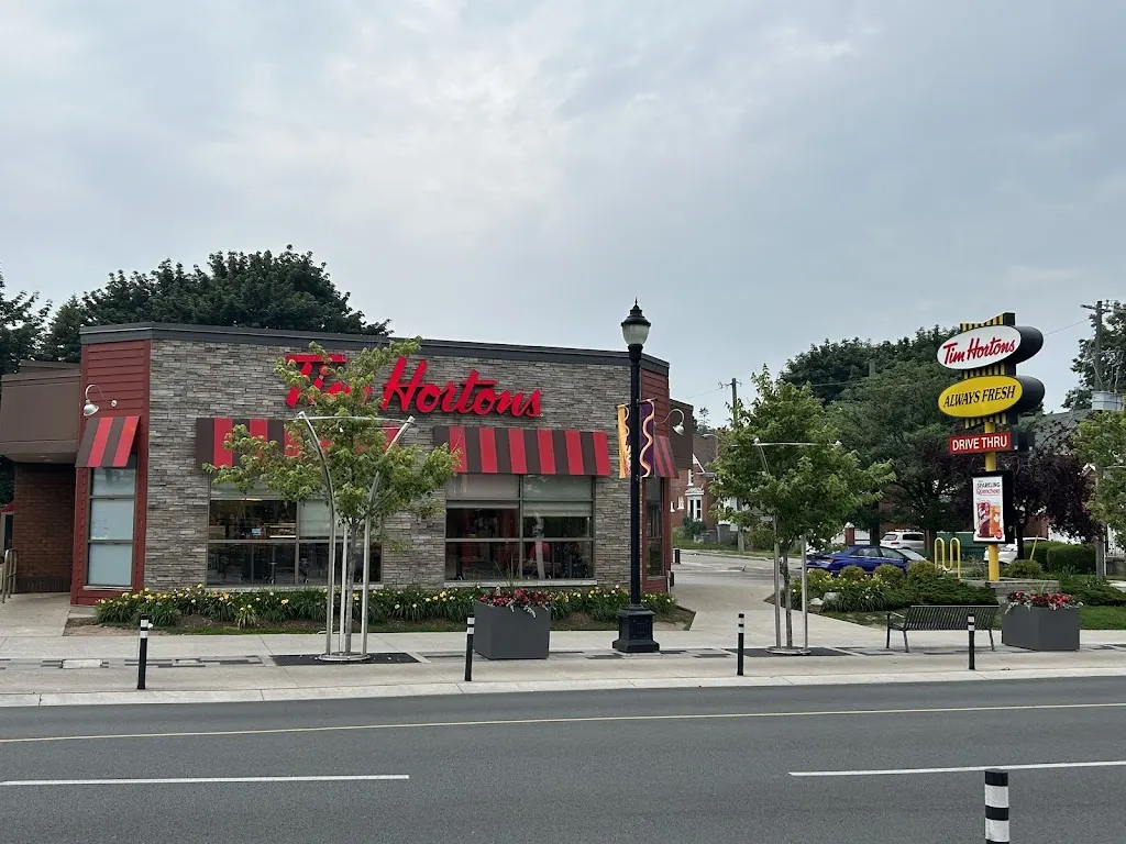 Tim Hortons storefront and interior at 109 King St North, Waterloo, ON
