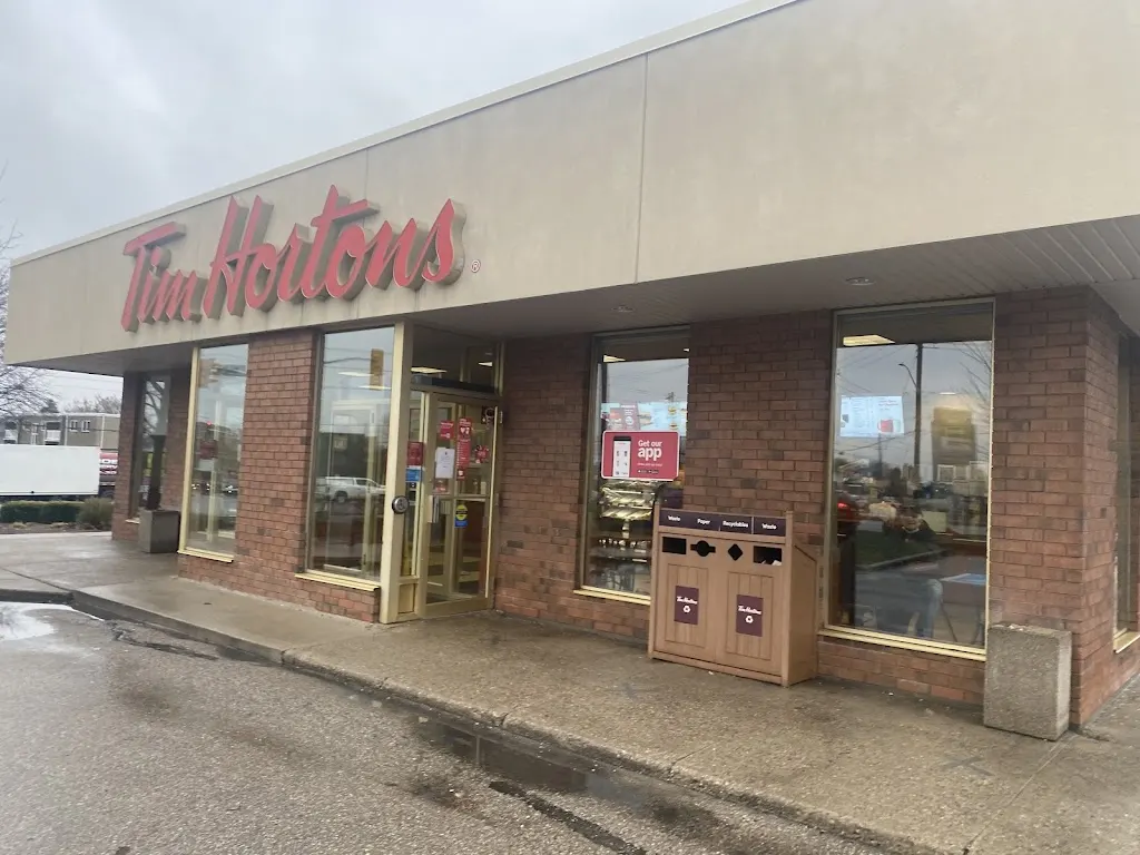 Tim Hortons storefront and interior at 585 Weber St N, Waterloo, ON