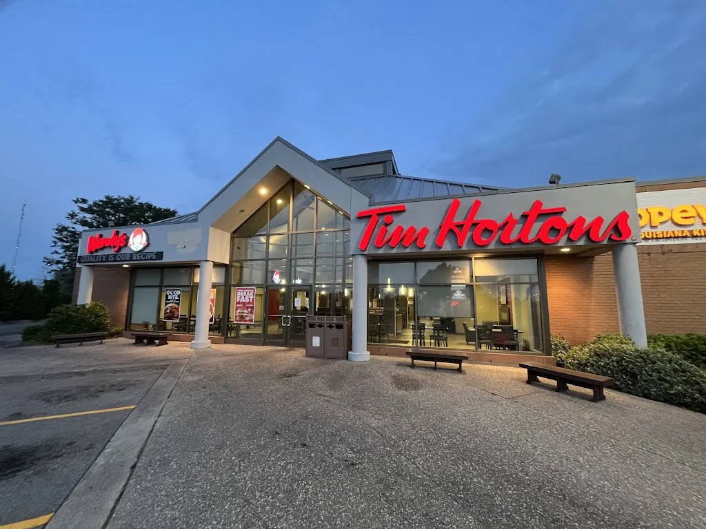 Tim Hortons storefront and interior at 1 Paisley Ct, Whitby, ON