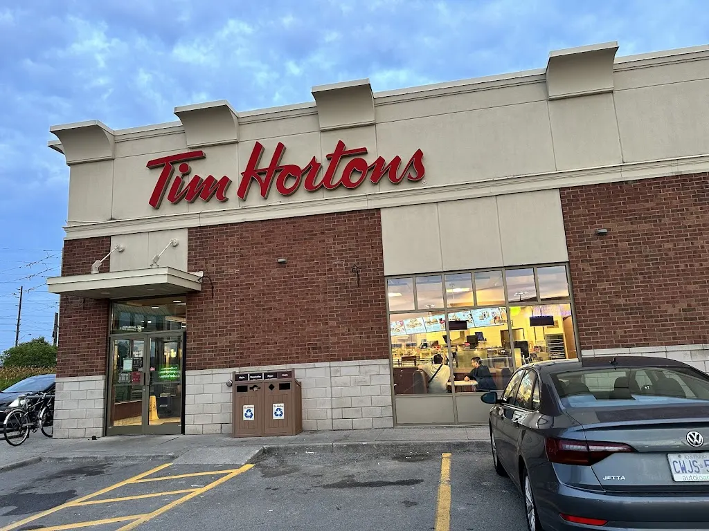 Tim Hortons storefront and interior at 130 Taunton Rd West, Whitby, ON