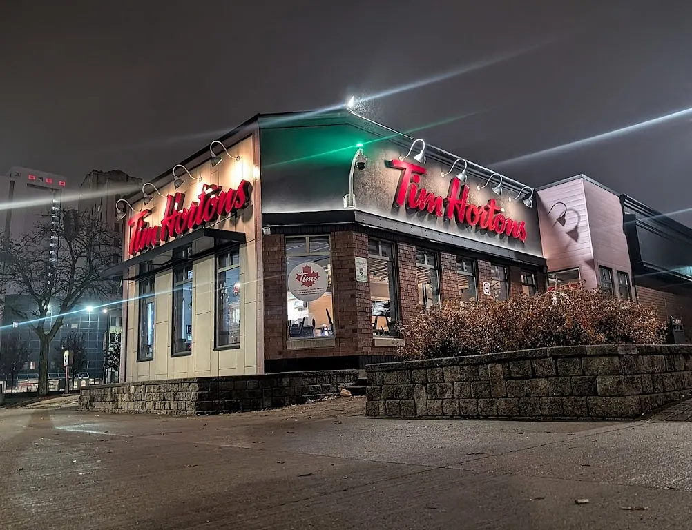 Tim Hortons storefront and interior at 80 Park St East, Windsor, ON