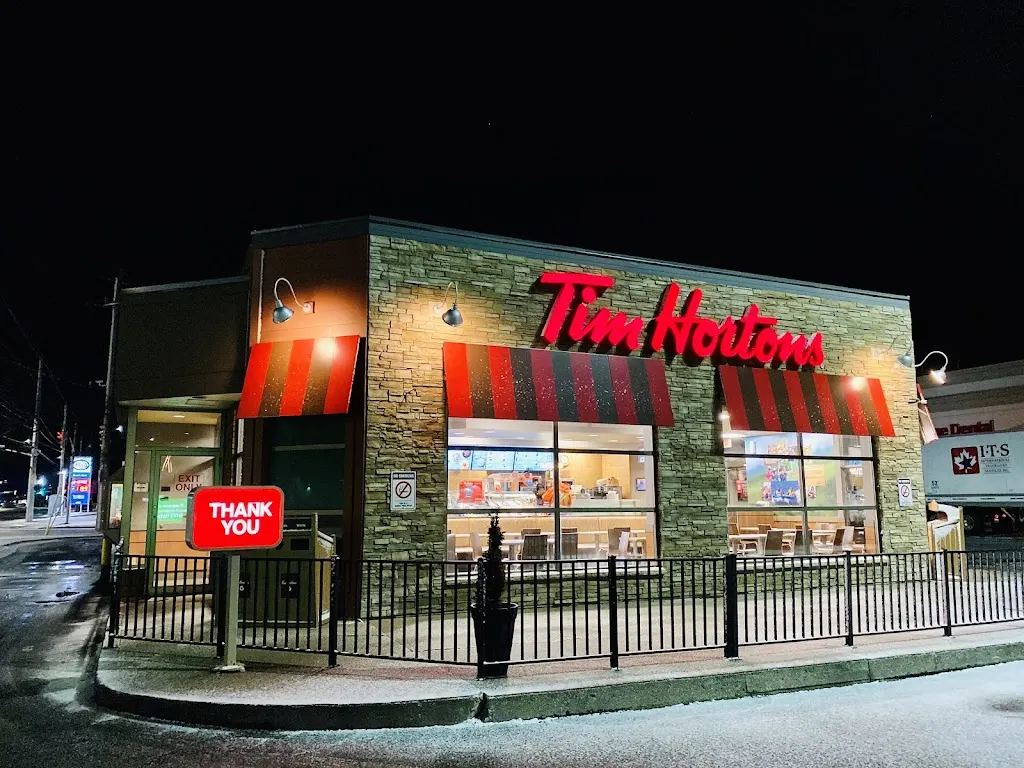 Tim Hortons storefront and interior at 1420 Huron Church Rd, Windsor, ON