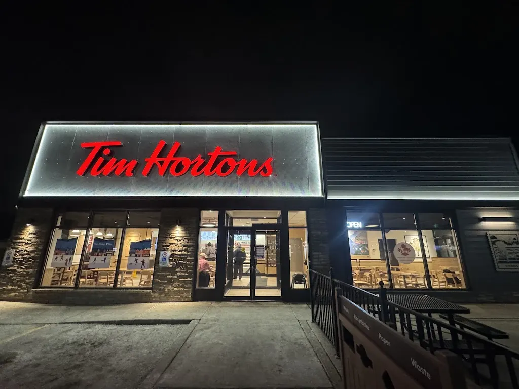 Tim Hortons storefront and interior at 3998 Walker Rd, Windsor, ON