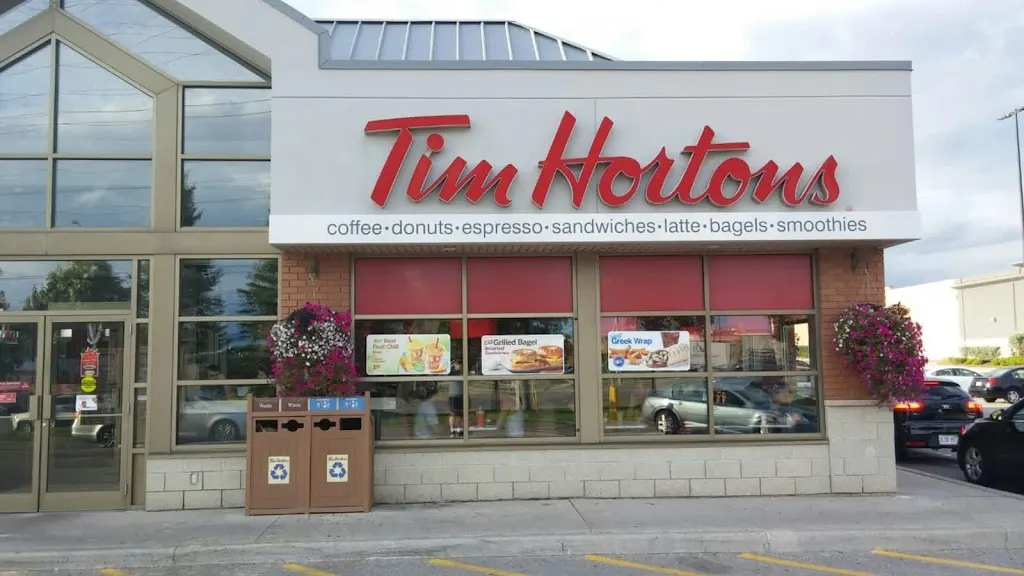 Tim Hortons storefront and interior at 7852 Wyandotte St East, Windsor, ON