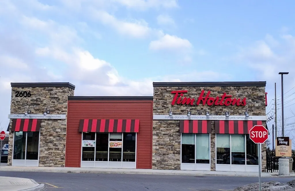 Tim Hortons storefront and interior at 3650 Rutherford Road, Woodbridge, ON