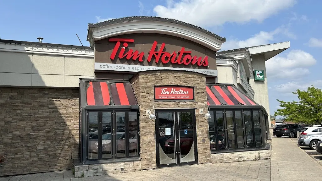 Tim Hortons storefront and interior at 7766 Martin Grove Road, Woodbridge, ON