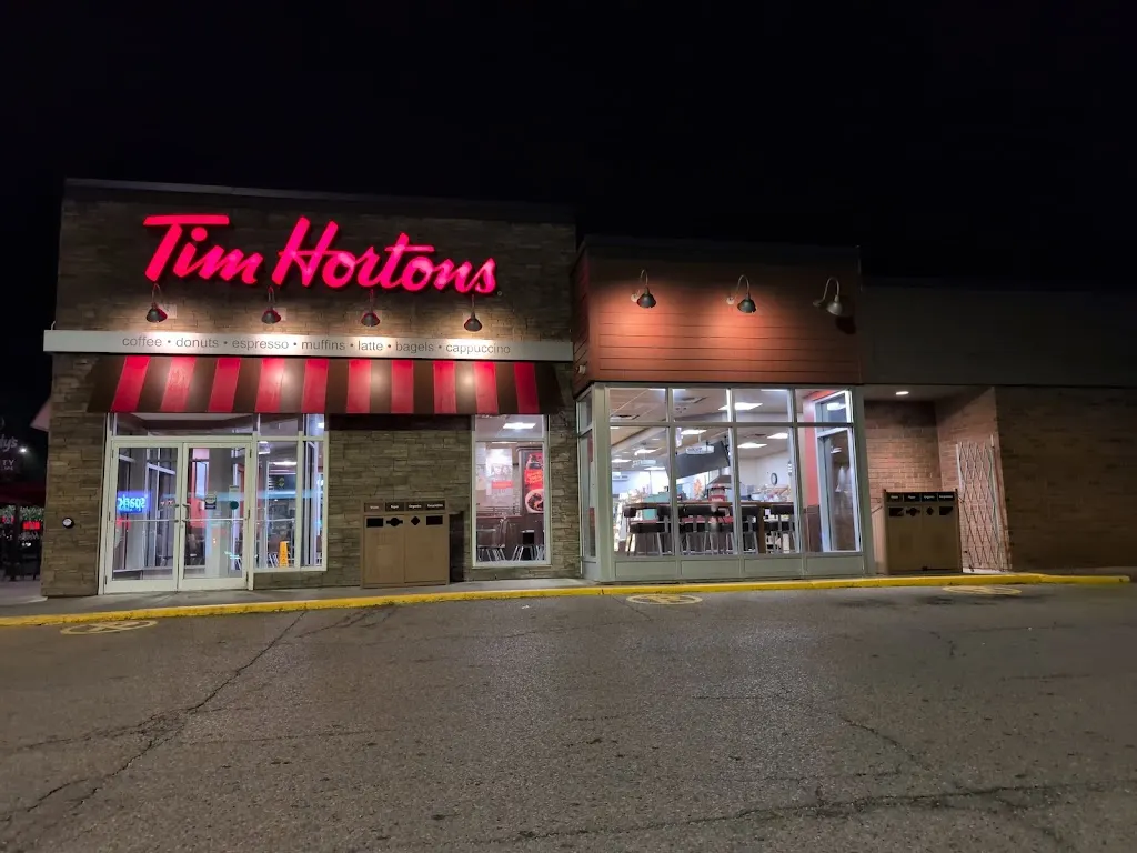 Tim Hortons storefront and interior at 566 Norwich Ave, Woodstock, ON