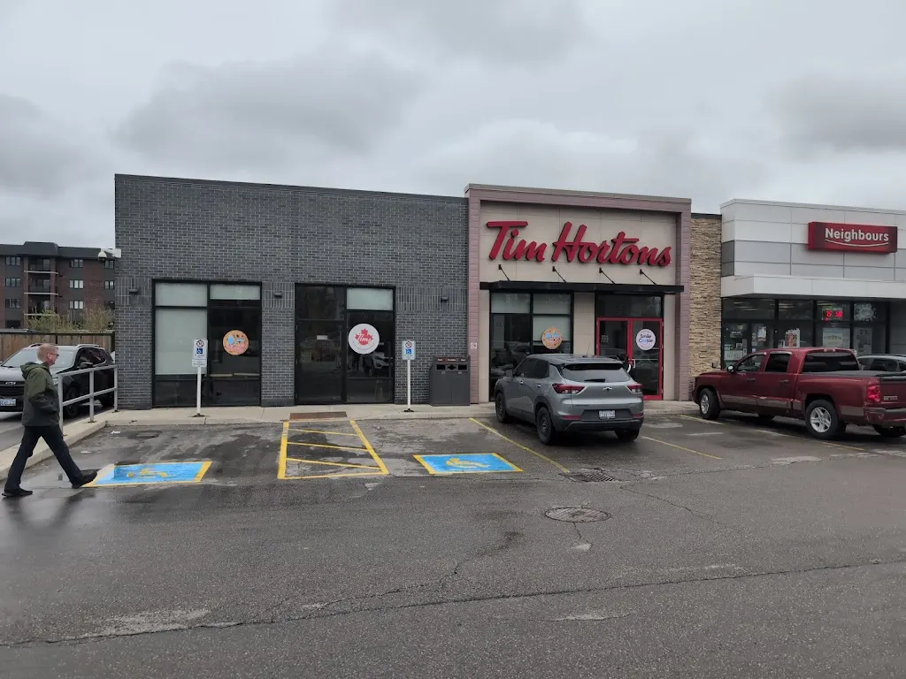 Tim Hortons storefront and interior at 805 Vansittart Ave, Woodstock, ON