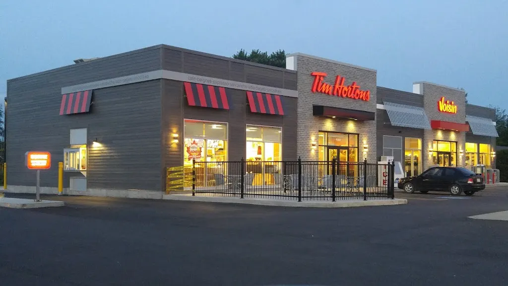 Tim Hortons storefront and interior at 1333 Rue Acton Route 116, Acton Vale, QC