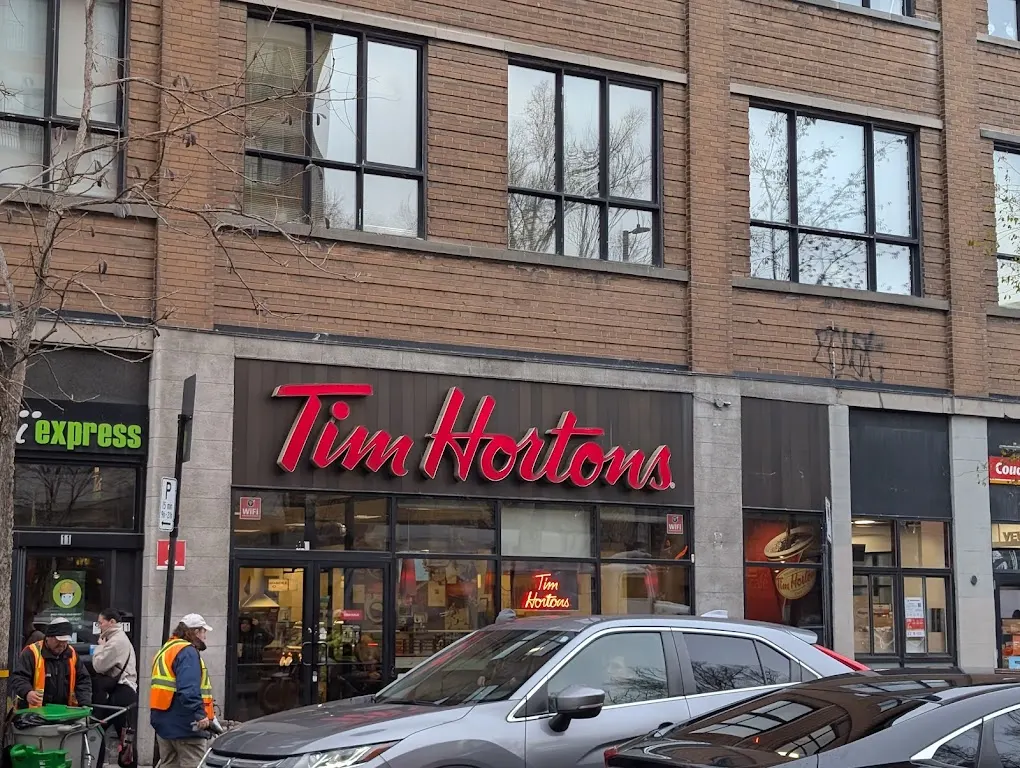 Tim Hortons storefront and interior at 15 Av Du Mont-royal Ouest, Montreal, QC