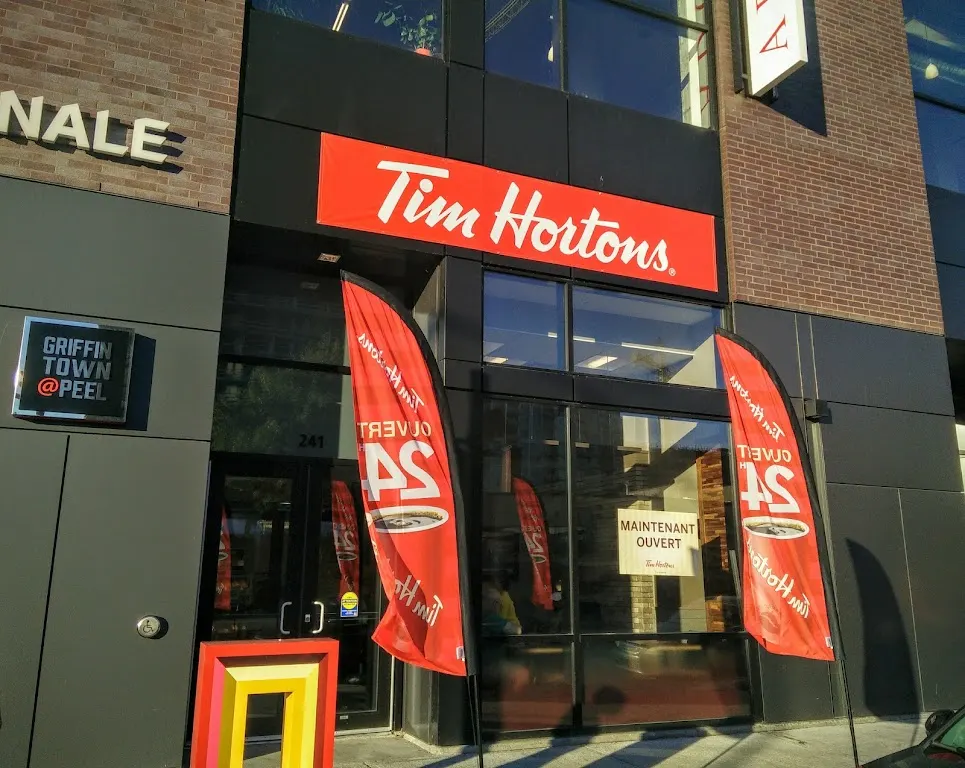 Tim Hortons storefront and interior at 241 Rue Peel, Montreal, QC