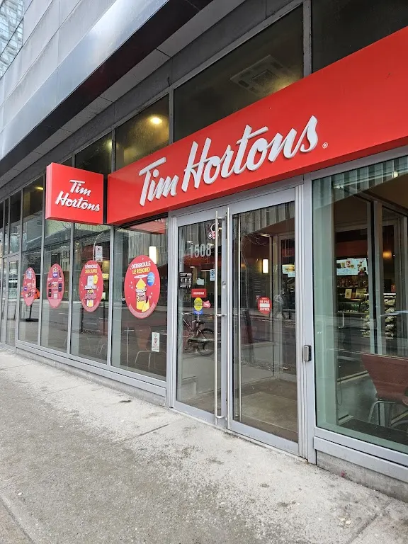 Tim Hortons storefront and interior at 1508 Rue De Bleury, Montreal, QC