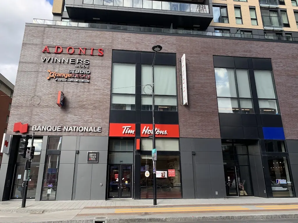 Tim Hortons storefront and interior at 2035 Rue Stanley, Montreal, QC