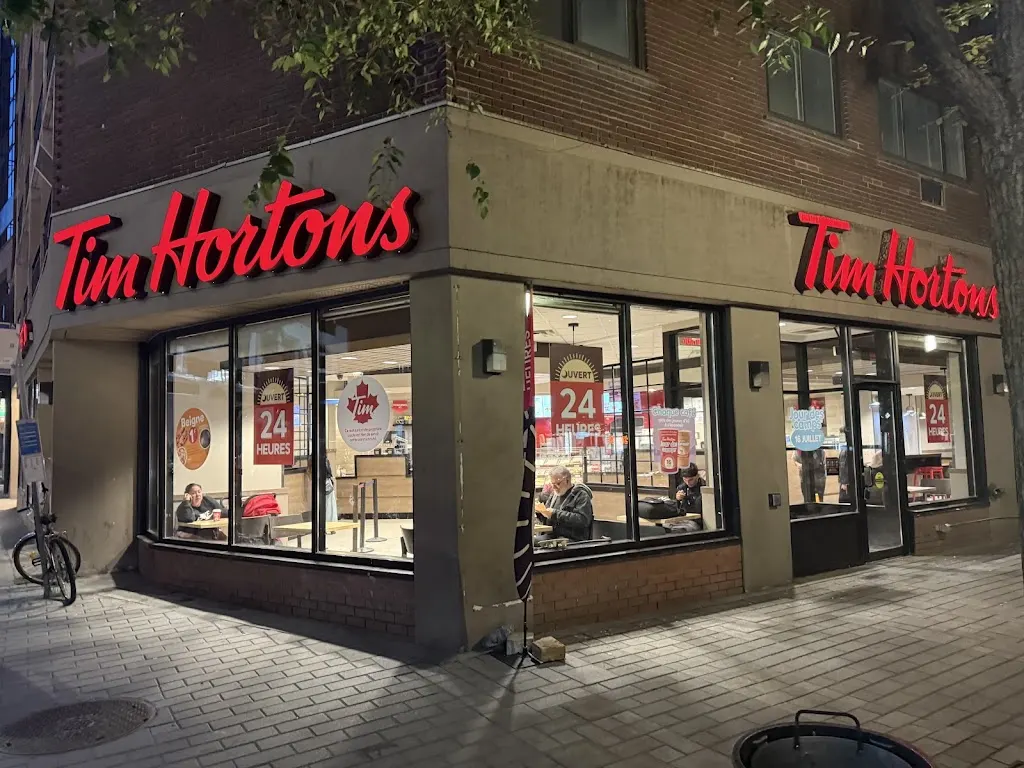 Tim Hortons storefront and interior at 2081 Rue Guy, Montreal, QC