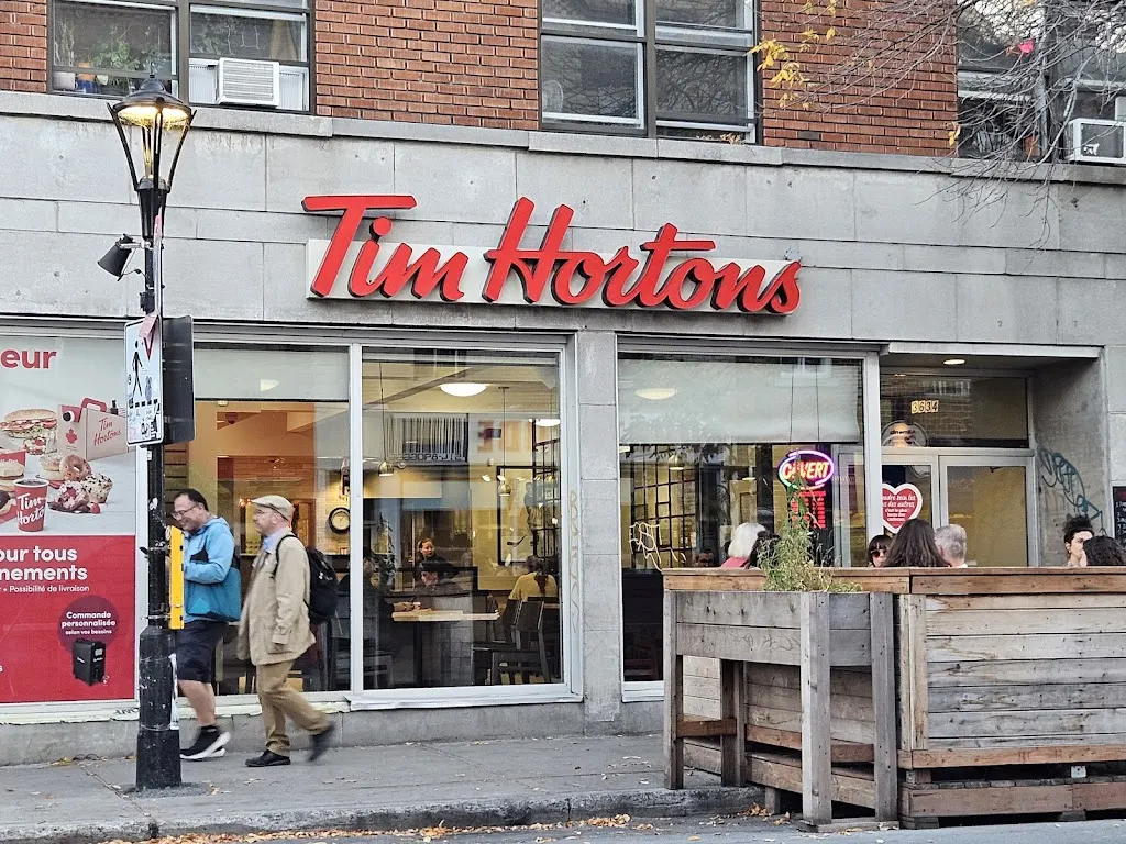 Tim Hortons storefront and interior at 3634 Rue Ontario Est, Montreal, QC