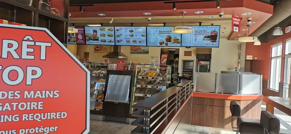 Tim Hortons storefront and interior at 1766 Chemin Ste Angelique, Saint Lazare, QC