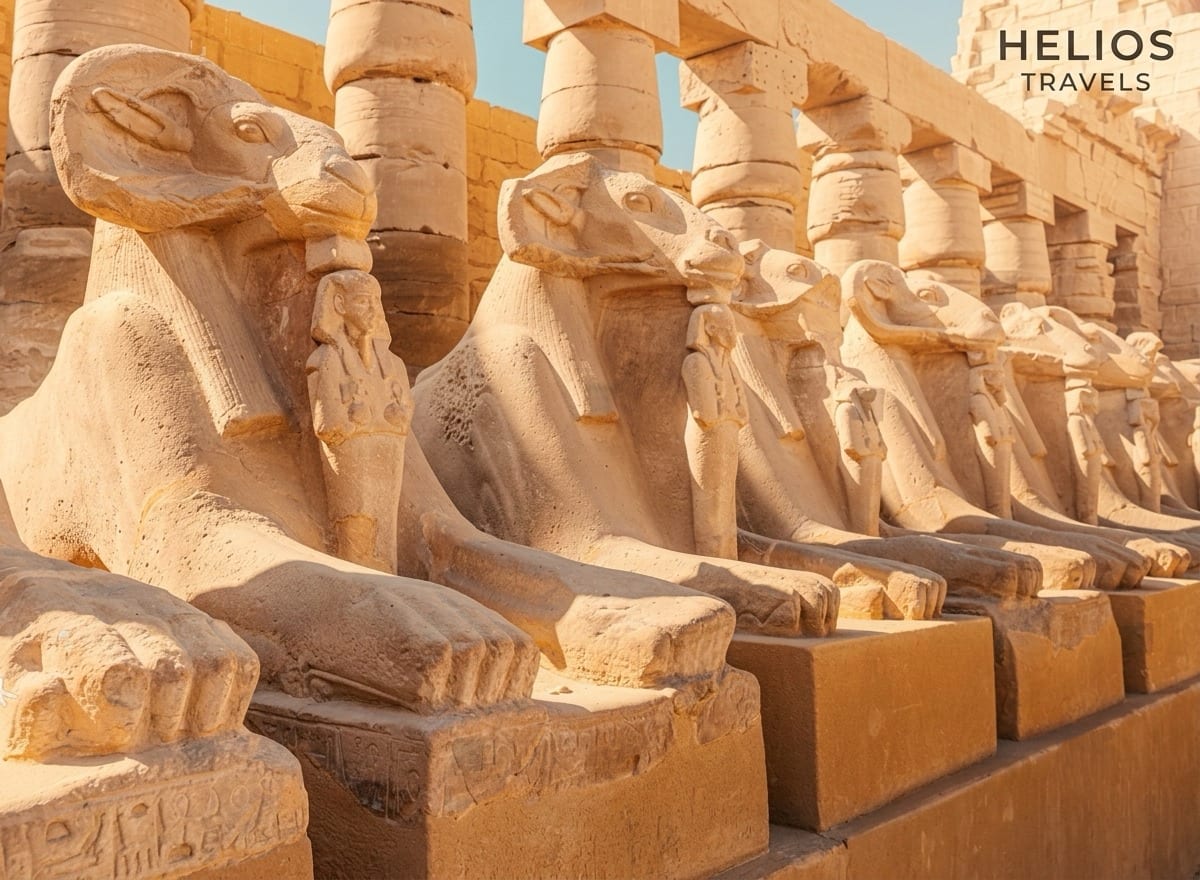 Widderköpfige Sphingen säumen die Prozessionsallee von Karnak