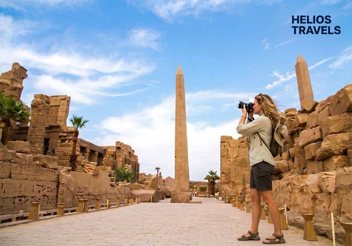Kolossalstatuen und Steinwerk in den Höfen des Karnak-Tempels