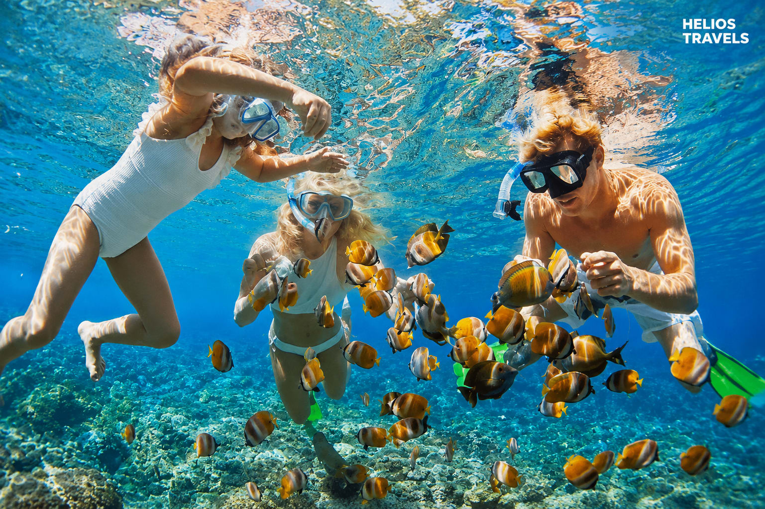 A snorkeller above a coral head in clear Red Sea water