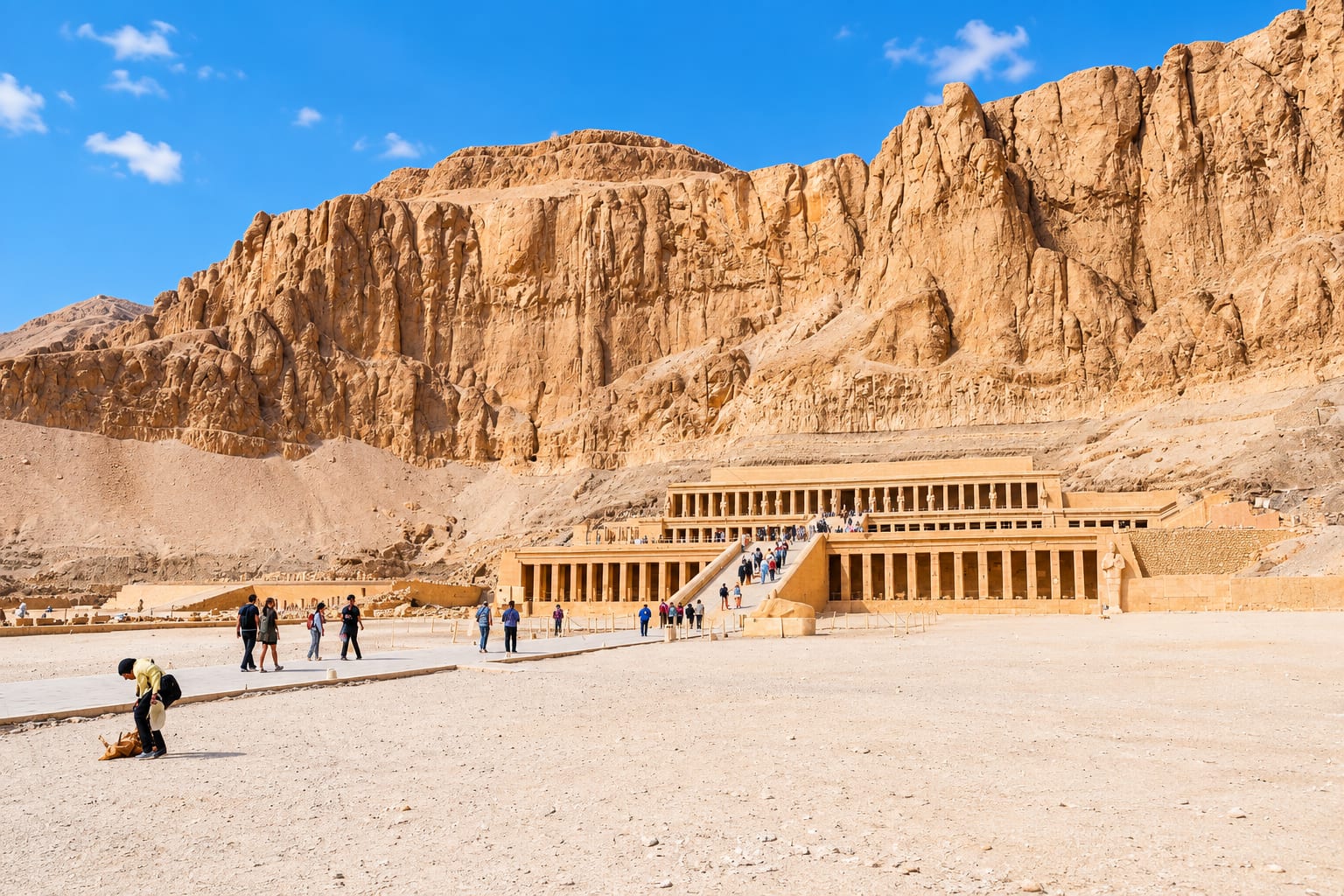 The upper terrace and colonnade of Hatshepsut's temple against the cliff