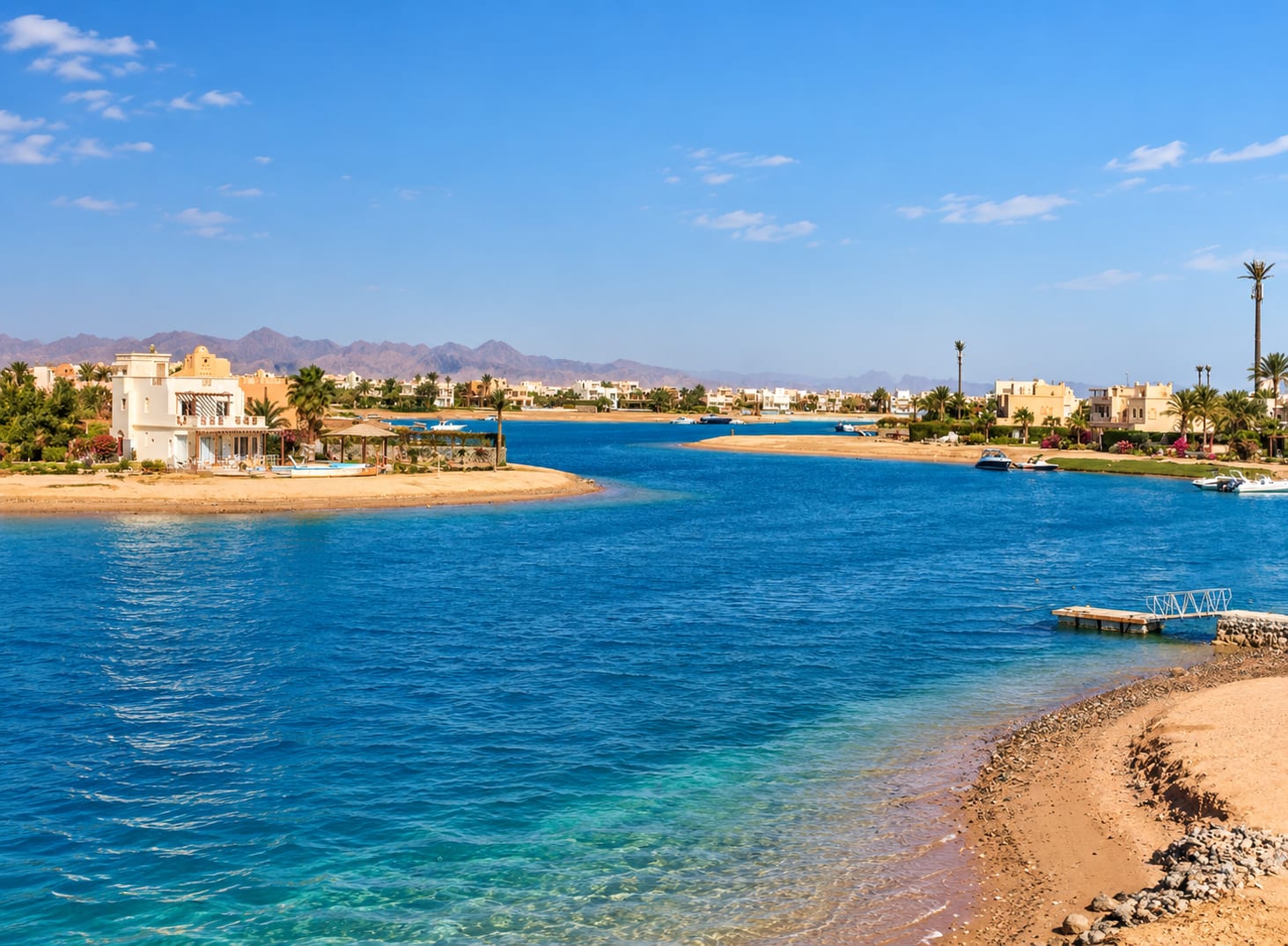 Lagoons and low white architecture in El Gouna