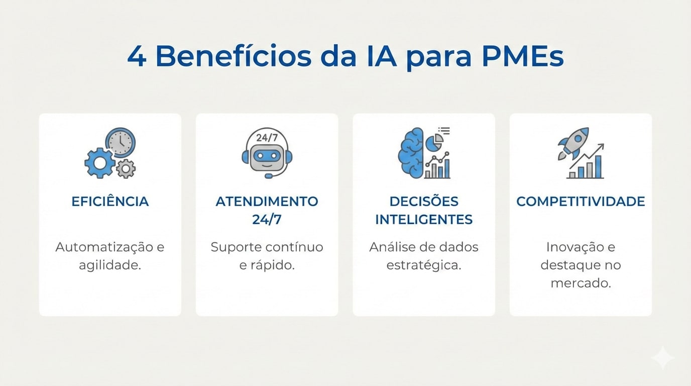 4 Benefícios da IA para PMEs (eficiência, atendimento 24/7, decisões inteligentes, competitividade)