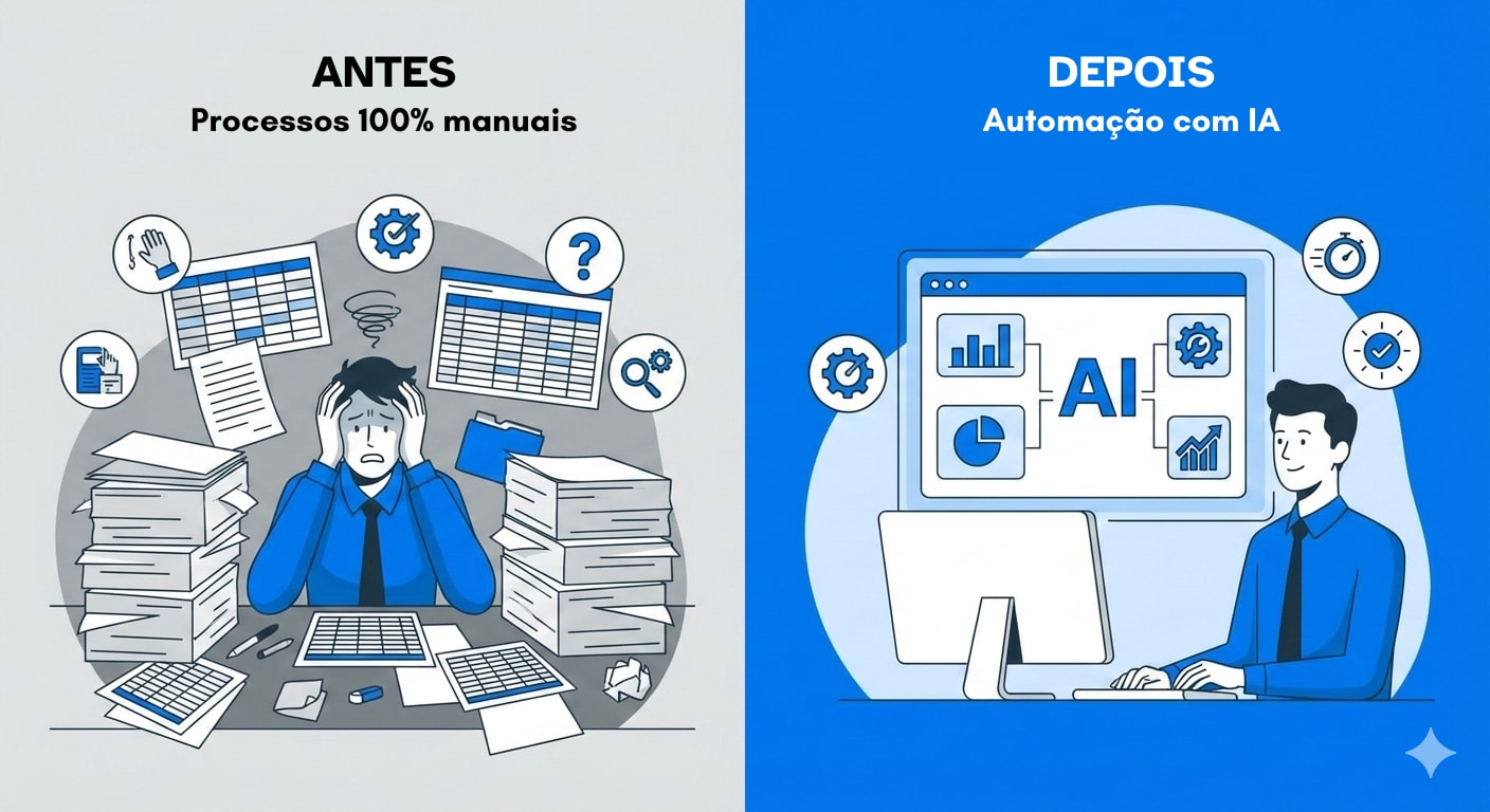 Antes e depois - processo manual vs. automatizado com IA