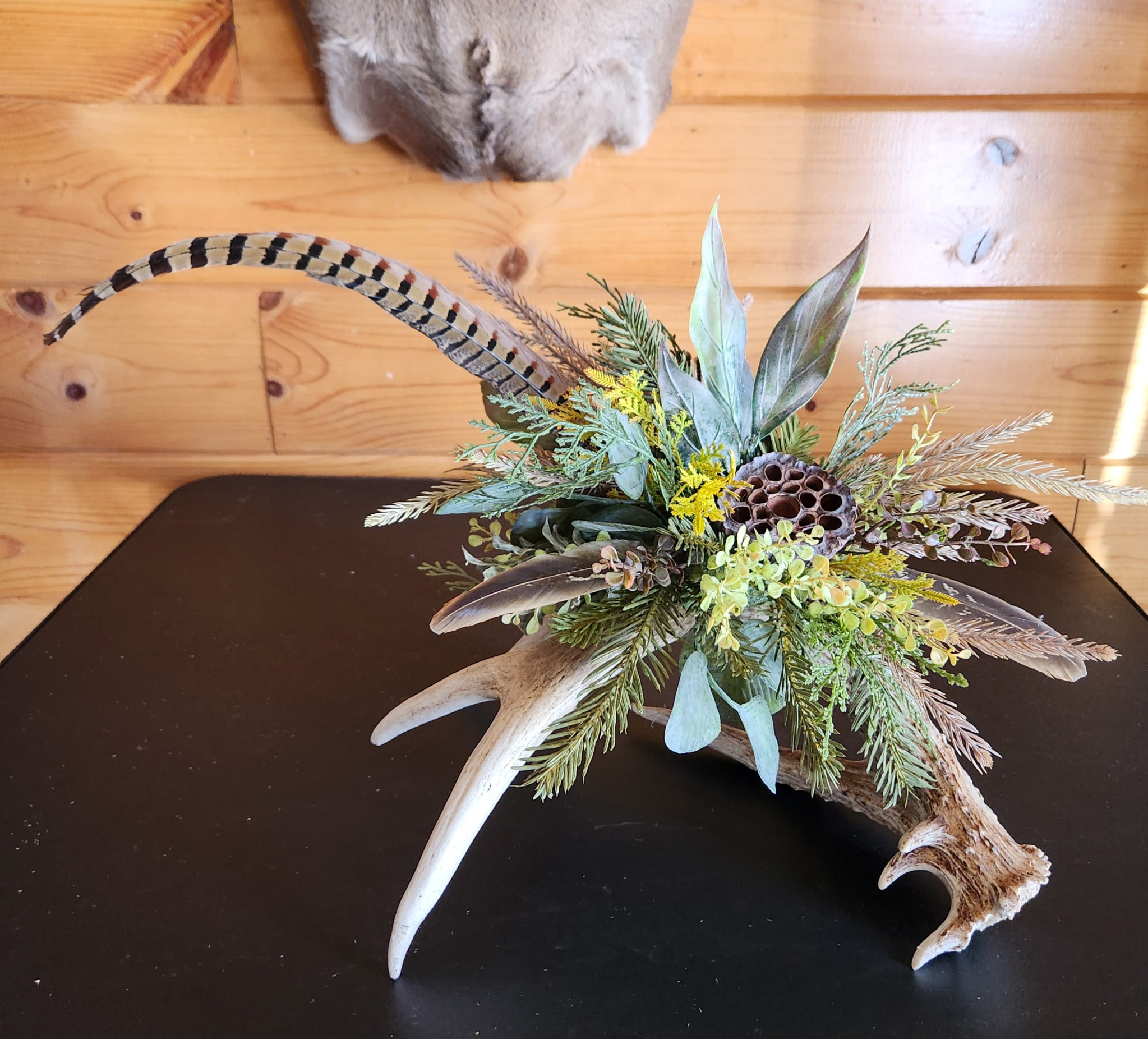 Several antlers with ferns with a honeycomb in the middle