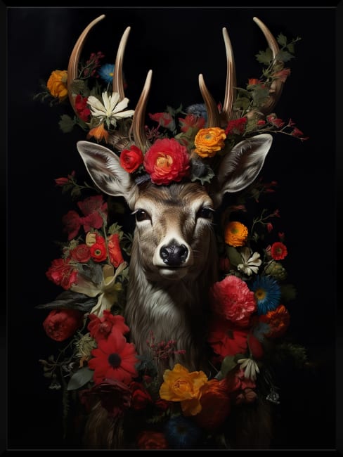 Innrammet glass art Floral Deer 50x70