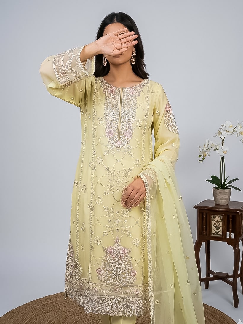 Luxury fashion model in neutral beige editorial look