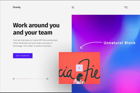 Landing page pointing to block in the middle of the screen