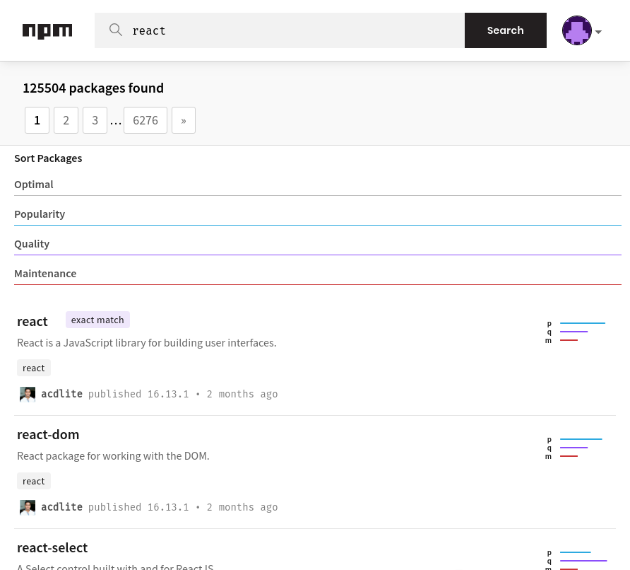 Npm search with results for React