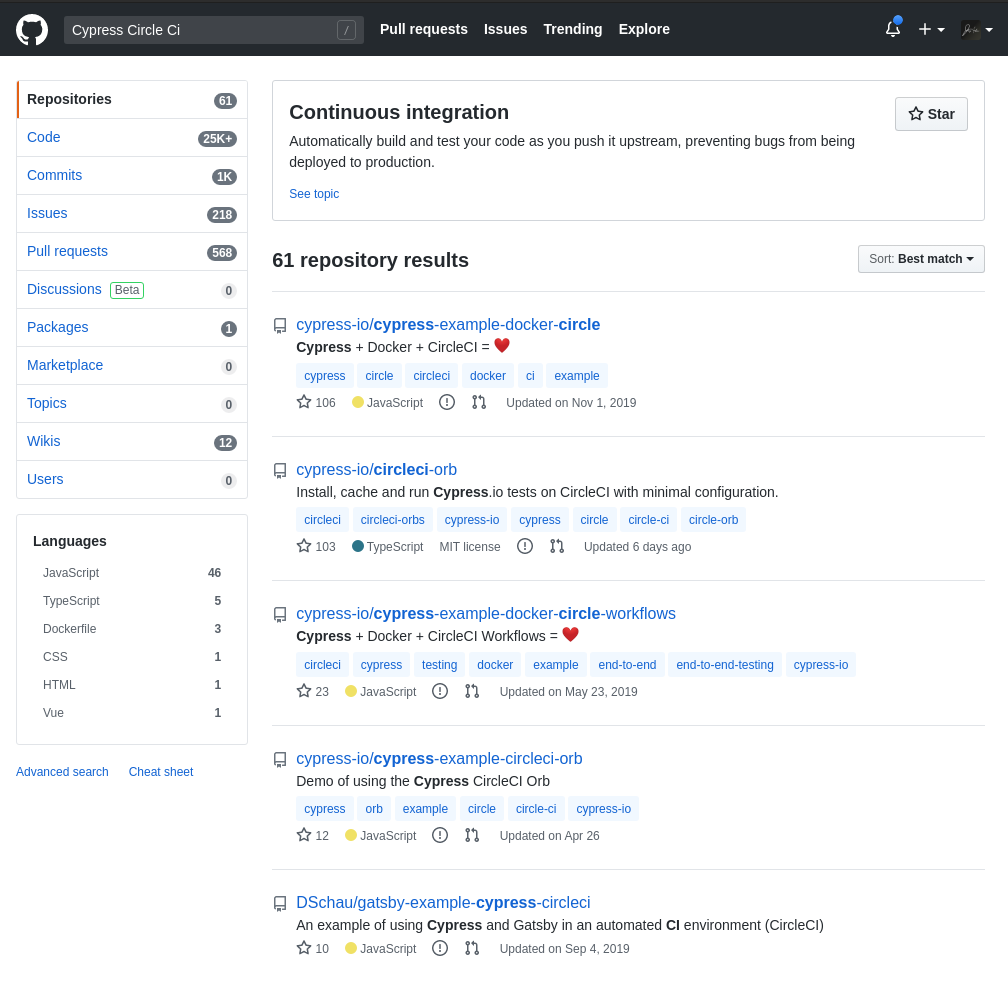 GitHub search results with repositories that are related to Cypress with Circle CI