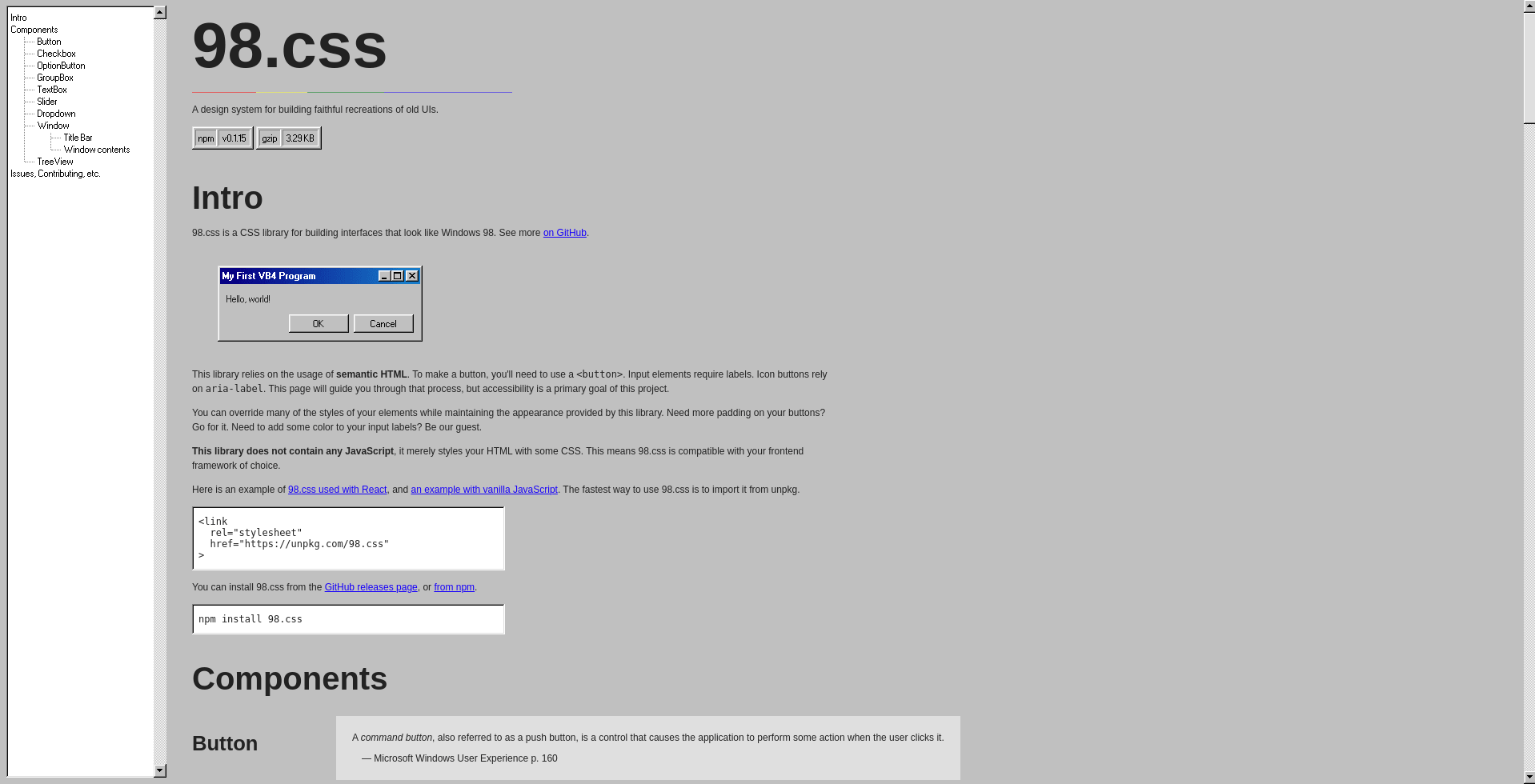 98.css landing page