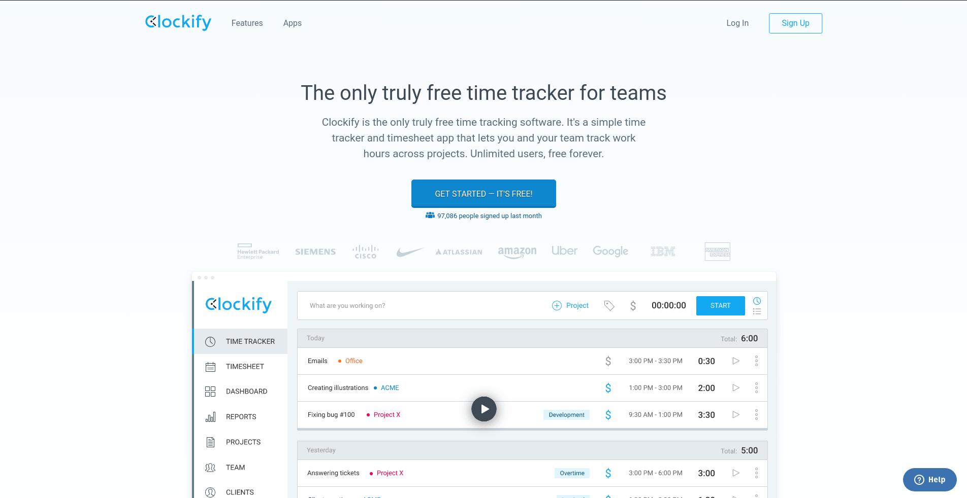 Clockify landing page